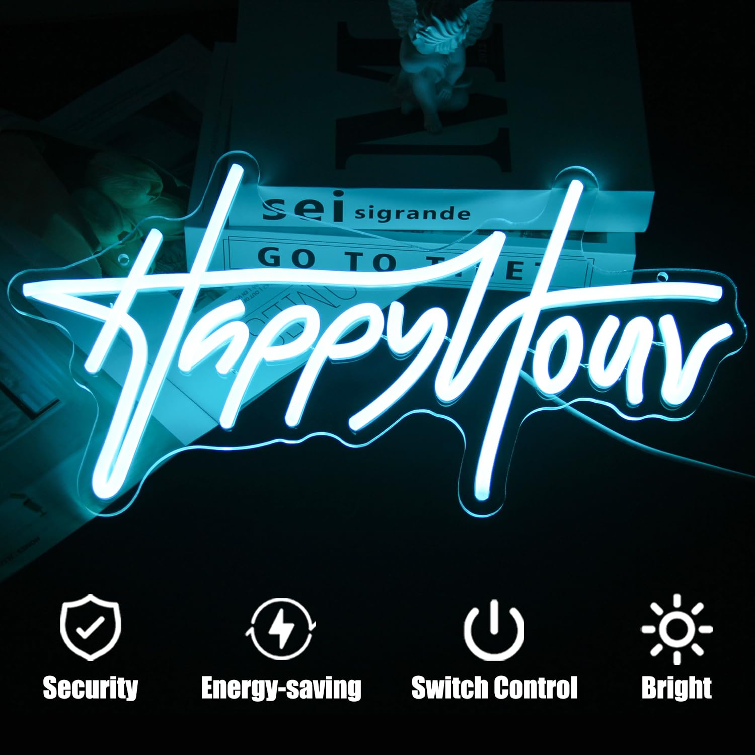 Happy Hour Neon Sign Blue Letter LED Neon Lights Dimmable Neon Bar